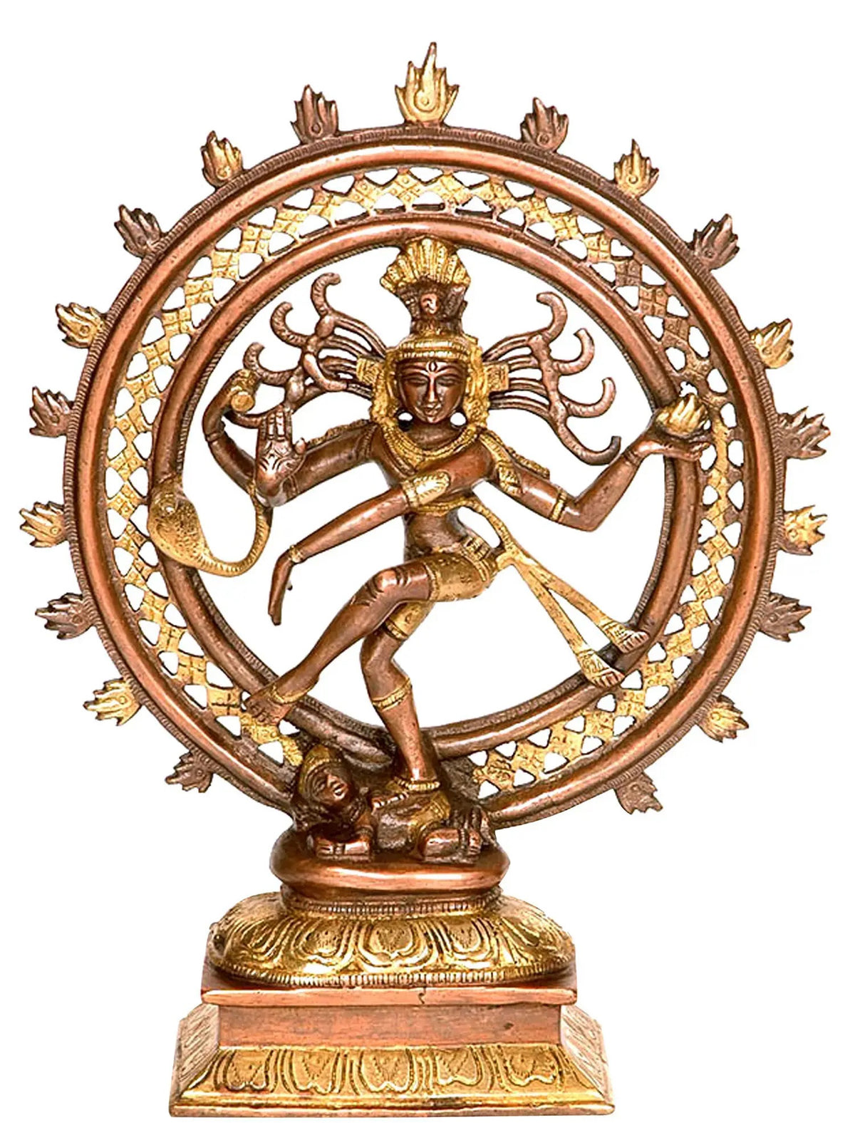 Handmade brass Lord Shiva Nataraja sculpture with circular halo and dancing pose, 12 in