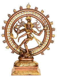 Handmade brass Lord Shiva Nataraja sculpture with circular halo and dancing pose, 12 in