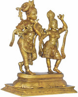 Messingstatue zweier Figuren: Krishna mit Flöte und Radha, erhobene Arme, Sockel