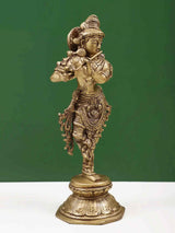 Brass Lord Krishna figurine, flute pose, ornate crown and jewelry, 9-inch