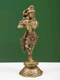 Brass Lord Krishna figurine, flute pose, ornate crown and jewelry, 9-inch