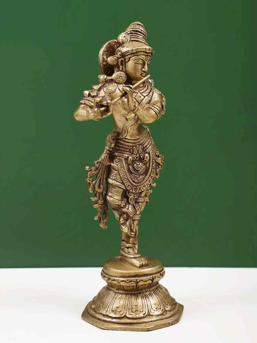 Brass Sculpture of Lord Krishna 9 Inches Craft Detail