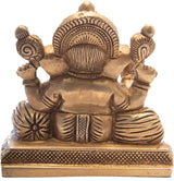 Back view Ganesh brass idol with fluted crown, side motifs, ornate base plate