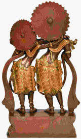 Radha-Krishna brass statue rear view, detailed halos and embroidered garments