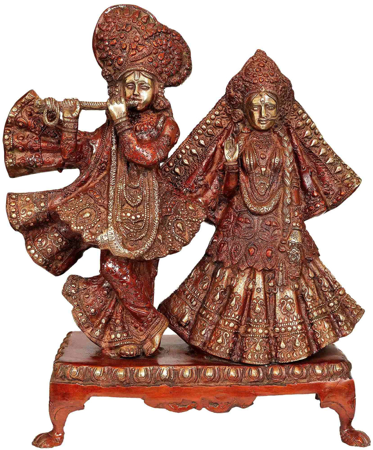 17-inch brass Radha-Krishna statue in ornate red patina, dancing poses