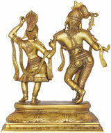 Messingstatue in Gegenpose: Krishna tänzelt, Radha mit erhobenem Arm, handgefertigt