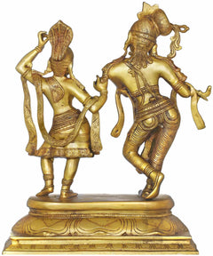 Messingstatue in Gegenpose: Krishna tänzelt, Radha mit erhobenem Arm, handgefertigt