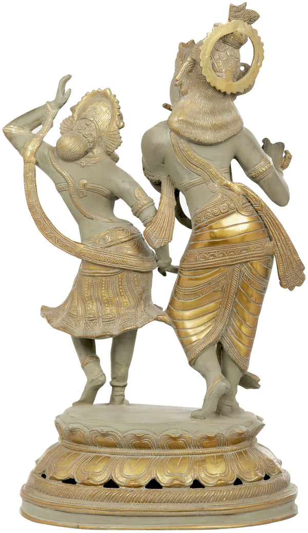 Handmade Super antique Brass Sculpture of Large-Sized Dancing Radha-Krishna 23 inches Study Setting