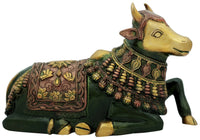Brass Nandi statue with ornate body patterns and seated pose, 10-inch handmade