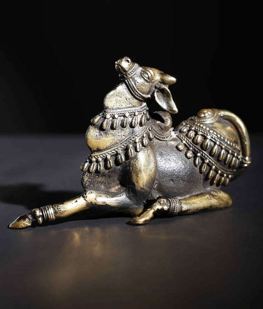 Small Decorated Nandi Idol | Brass and Stone 5 inches Craft Detail
