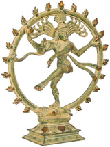 Handmade Nataraja brass figurine, standing dancer with green patina and arched halo ring