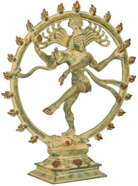 Handmade Nataraja brass figurine, standing dancer with green patina and arched halo ring