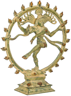 Handmade Nataraja brass figurine, standing dancer with green patina and arched halo ring