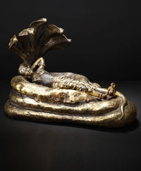 Shesha-Shayi Vishnu sculpture reclining on serpent coils with cobra hood, 14 in