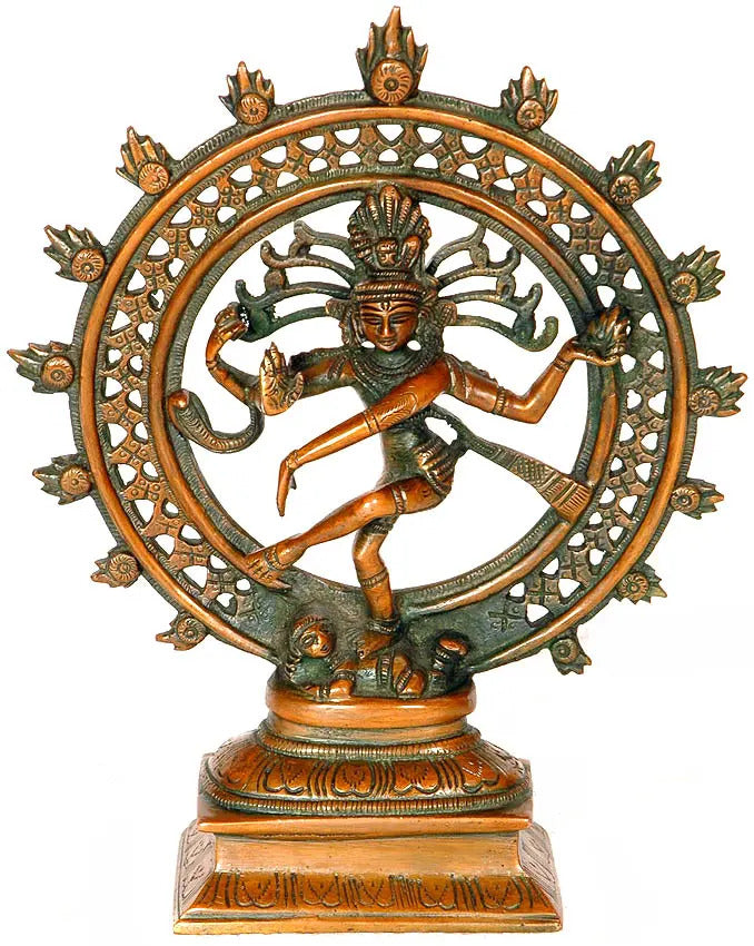Nataraja Brass sculpture, 8-inch dark bronze deity with ornate halo