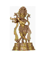 Handmade brass Krishna statue with flute, standing, ornate detailing, 14 inches