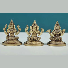 Brass mini Ganesha, Lakshmi & Saraswati statues set from the back, 2 in height
