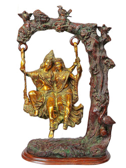 Handmade Brass Statue of Radha and Krishna Swinging Together 20 inches