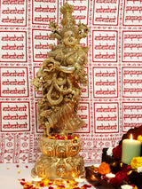 Handmade brass Radha Rani statue, ornate crown and jewelry, standing on pedestal