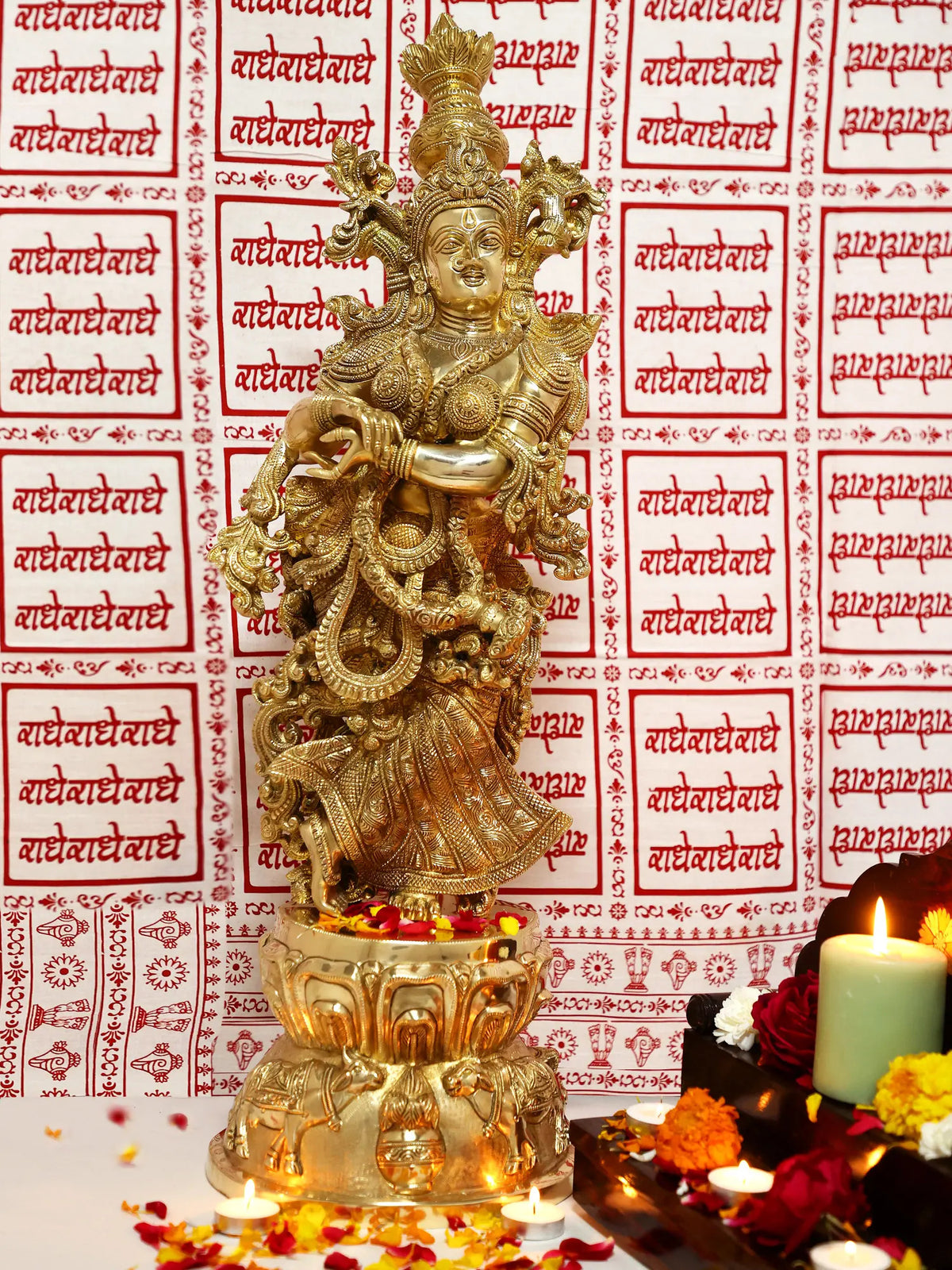 Handmade brass Radha Rani statue, ornate crown and jewelry, standing on pedestal