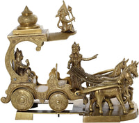 Handmade brass Gita Upadesha Arjun chariot sculpture with four horses and ornate wheels