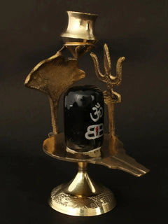 Black stone Shiva linga idol with brass trishul, nag & patra stand, 7 cm