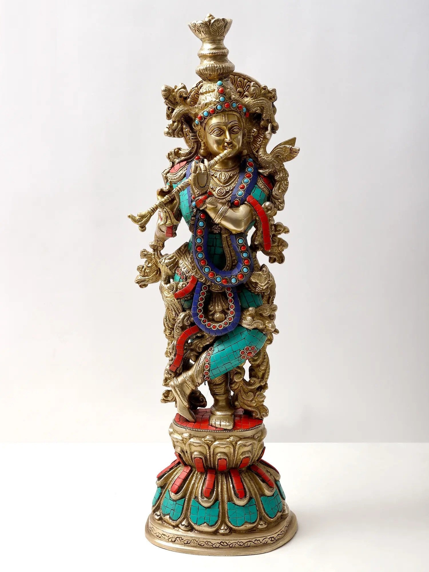 Handmade Brass Sculpture of Krishna Playing the Flute with Inlay Work 24 inches