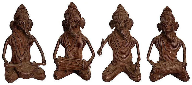 Collection of Four Brass Tribal Ganesha Musical Statues from Bastar 3 Inches