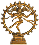 Nataraja brass statue close-up: dancing deity with beaded crown and circular frame