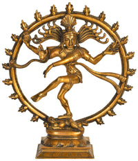 Nataraja brass statue close-up: dancing deity with beaded crown and circular frame