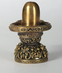 2-inch small brass Shiva linga idol, engraved lotus-style base and floral accents