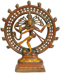 9" Nataraja brass sculpture: dancing Shiva figure in ornate circular brass frame