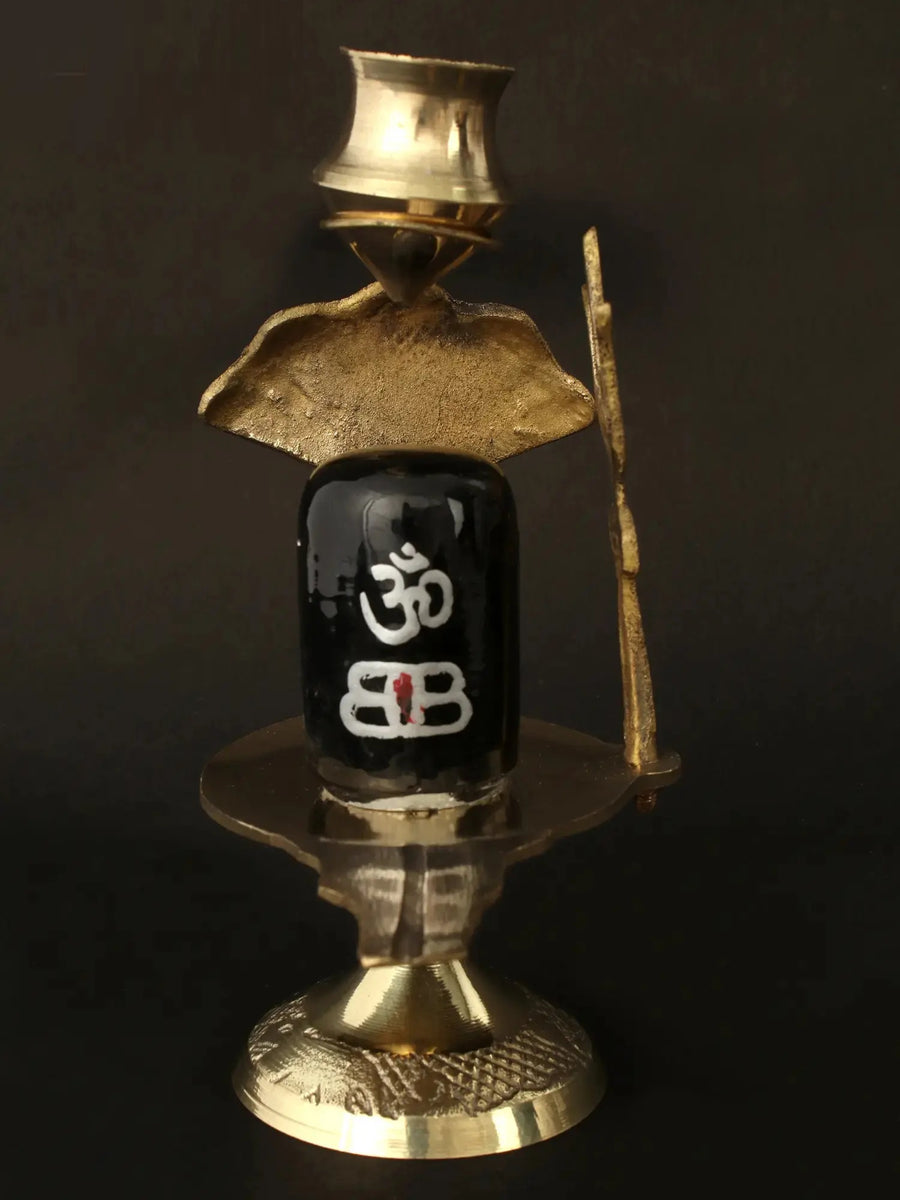 Black Stone Shiva Linga Idol with Brass Trishul, Nag, and Patra 7 CM Craft Detail