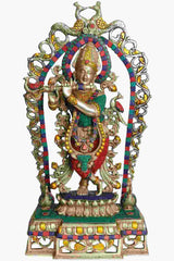 Lord Krishna brass statue playing flute, ornate multicolor crown and jewelry, 18 in