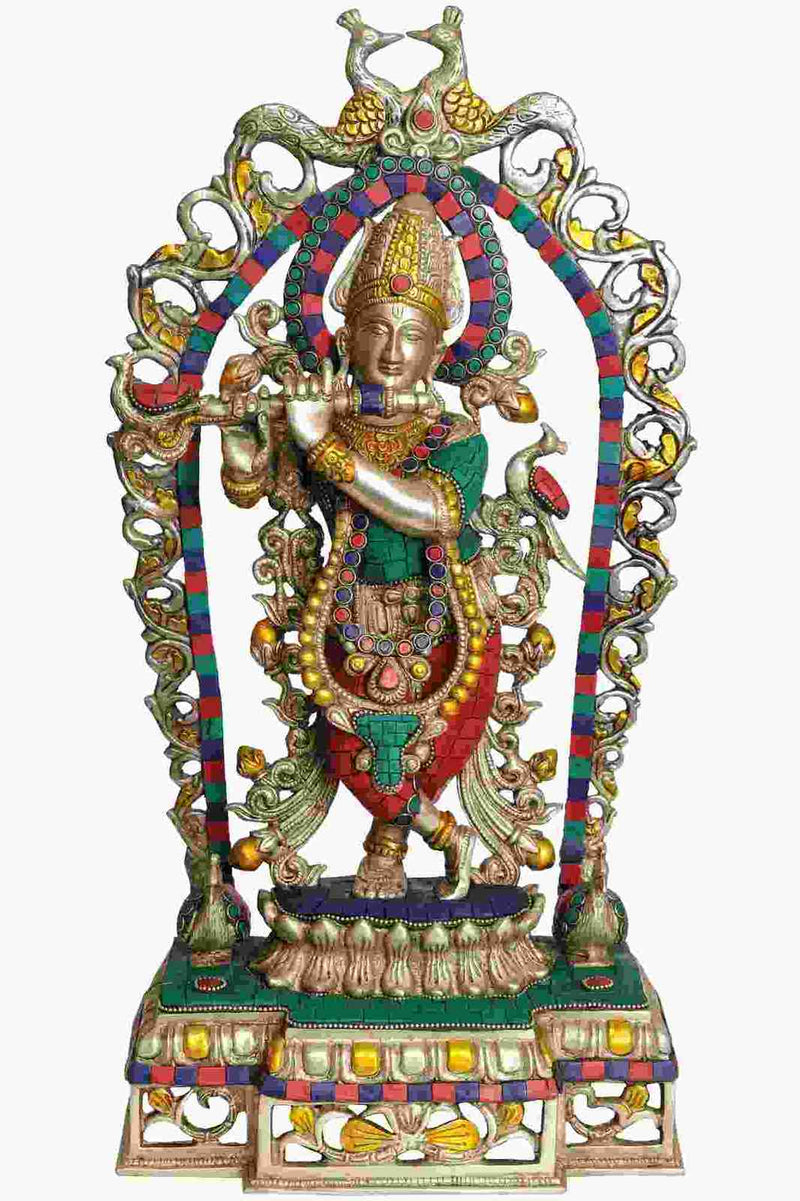 Brass Statue of Lord Krishna Playing the Flute 18 Inches