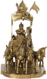 Brass Gita Upadesha Arjun chariot sculpture with seated figures, trident flag and hanging chain