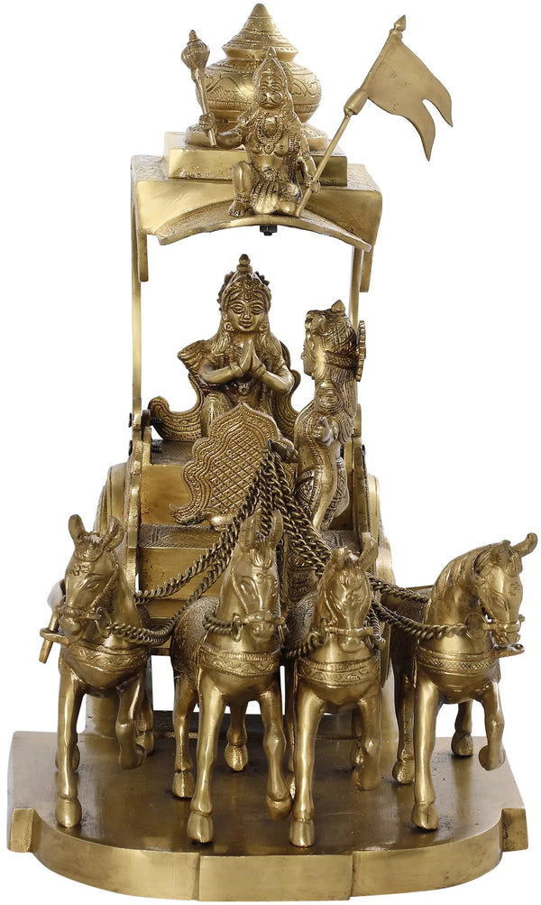 Handmade Brass Sculpture of Gita Upadesha Arjun Rath (Height: 16 Inches) Entryway Setting