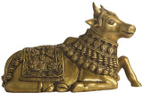 10-inch natural brass Nandi statue, seated with patterned saddle and jewelry