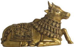10-inch natural brass Nandi statue, seated with patterned saddle and jewelry
