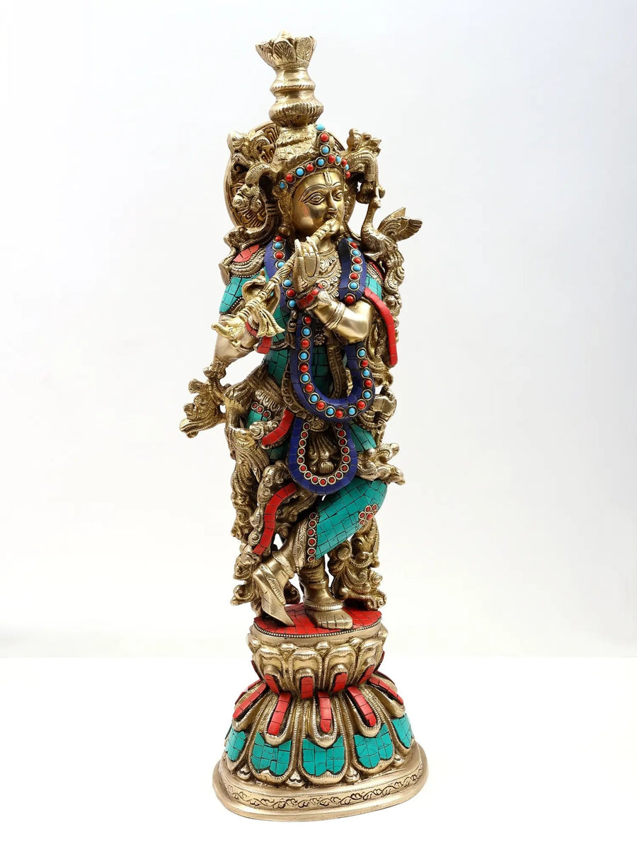 Handmade Brass Sculpture of Krishna Playing the Flute with Inlay Work 24 inches Craft Detail