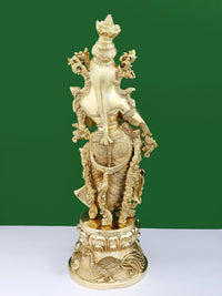 Handmade brass Radha Rani statue, rear three-quarter view, carved ornaments