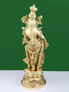 Handmade brass Radha Rani statue, rear three-quarter view, carved ornaments