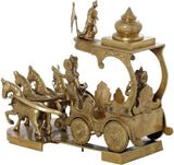 Handmade brass chariot sculpture showing Arjun rider, warrior figures, and raised flag canopy