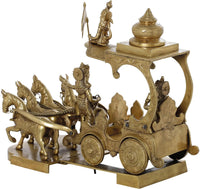 Handmade brass chariot sculpture showing Arjun rider, warrior figures, and raised flag canopy
