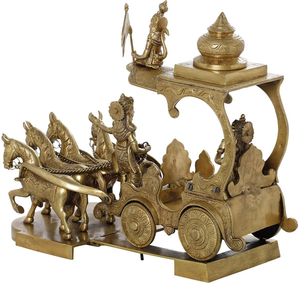 Handmade Brass Sculpture of Gita Upadesha Arjun Rath (Height: 16 Inches) Study Setting