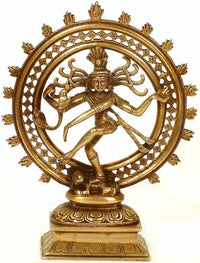 Nataraja brass sculpture, dancing Shiva figure in circular frame, 11 in