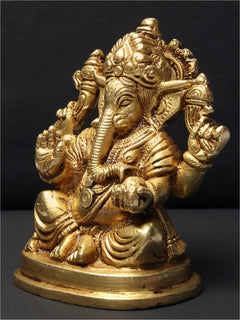 AONA brass Lord Ganapati idol, four-armed seated with ornate crown, 5 inches