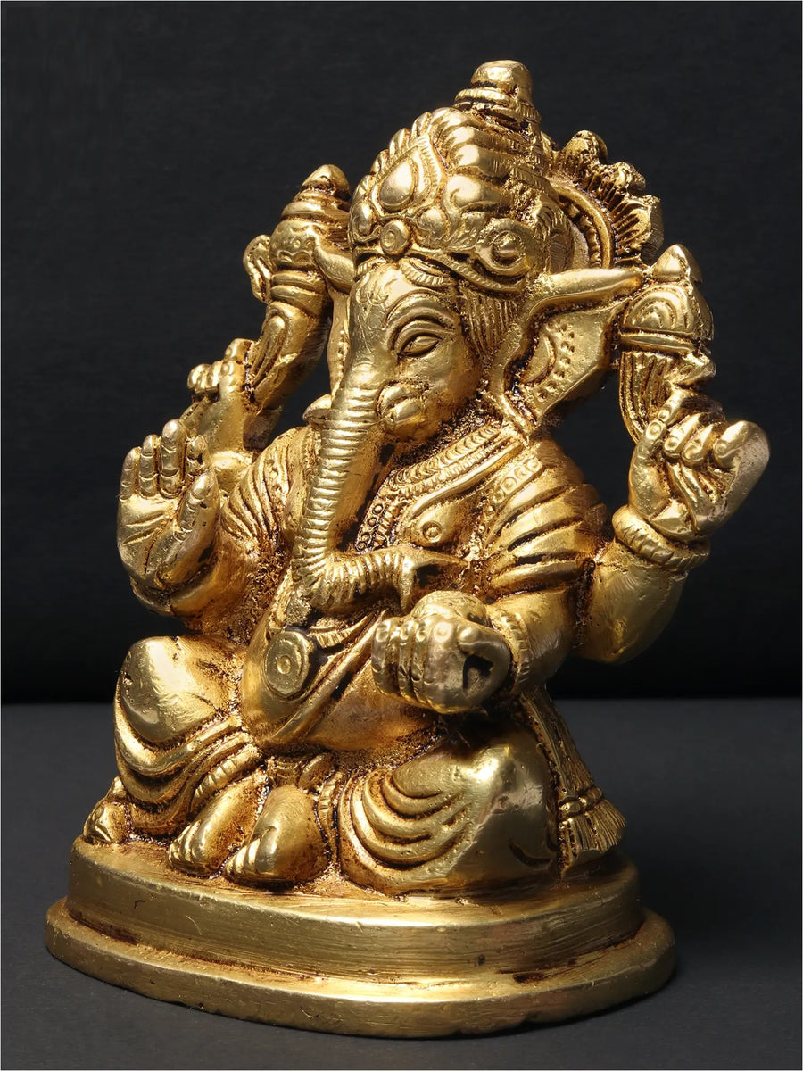 Chaturbhuja Lord Ganapati Brass Statue 5 inches Craft Detail