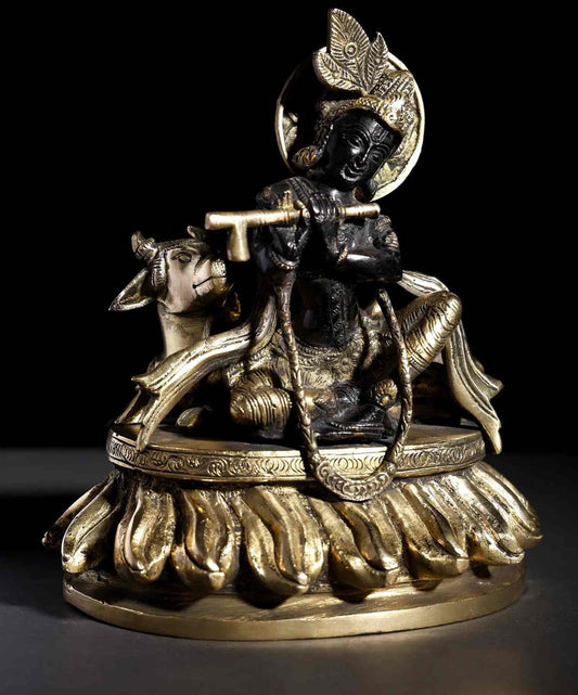 Brass Statue of Seated Murli Manohar Krishna with Cow 8 Inches