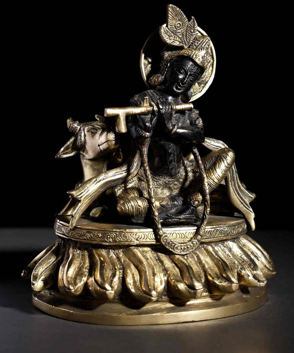 Brass Statue of Seated Murli Manohar Krishna with Cow 8 Inches